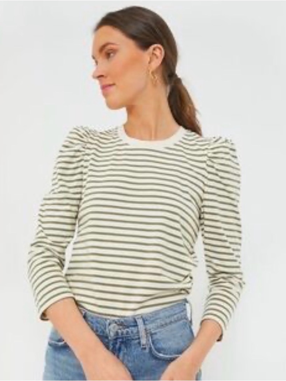 Pomander Place Cream Navy Striped Puff-Sleeve Cotton Spandex Long Sleeve Top